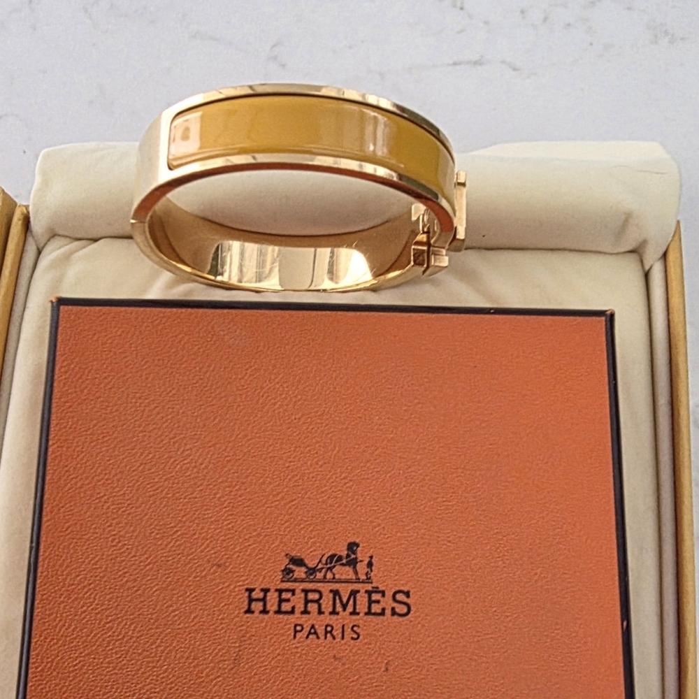 Authentic Hermes Gold & Yellow Cuff Bracelet Hermès Clic H Narrow Size PM (Petit - Picture 5 of 11
